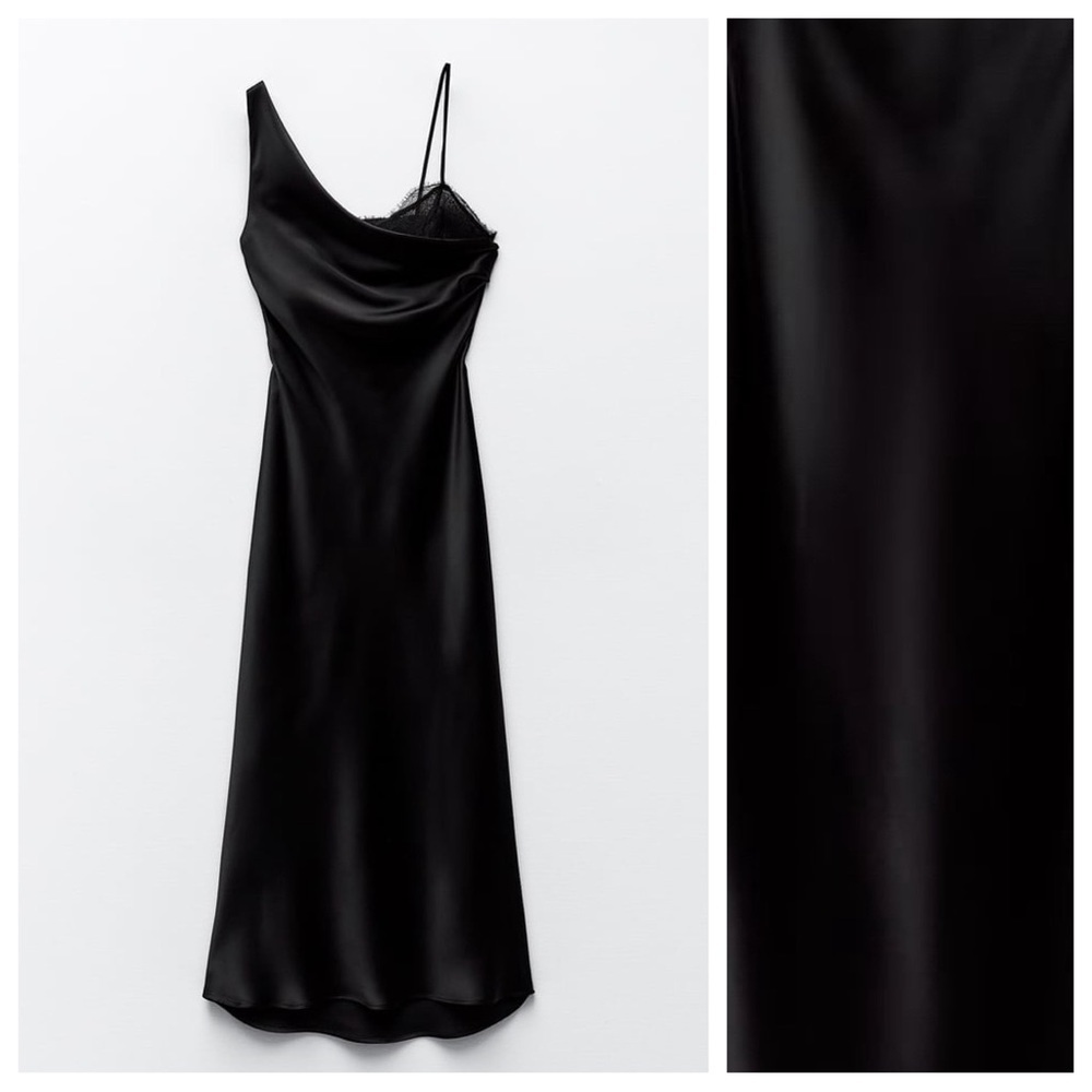 Zara Black Satin Midi Slip Dress with Lace Trim
